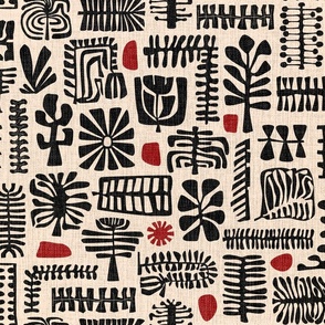 tribal foliage- hand drawn black and white cutout style abstract floral and botanical leaves branches twigs sprigs trees cacti in black beige and terracotta colors on vintage linen texture