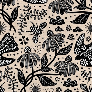 tribal foliage- black and white cutout style abstract floral and botanical leaves branches twigs sprigs trees cacti in black white and terracotta colors on vintage linen texture