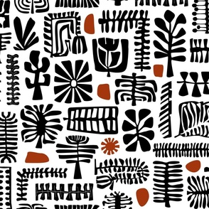 tribal foliage- black and white cutout style abstract floral and botanical leaves branches twigs sprigs trees cacti in black whitet and terracotta colors