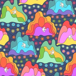 Hiker´s dreams- groovy boho wavy hippie 60s 70s  rainbow retro mountains landscape, cute floral meadows and birds