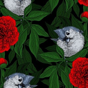 Birds and red peony flowers with green leaves