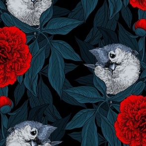 Birds and red peony flowers with blue leaves