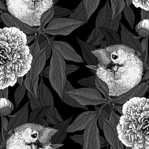 Birds and peony flowers monochrome, gray