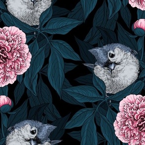 Birds and pink peony flowers with leaves