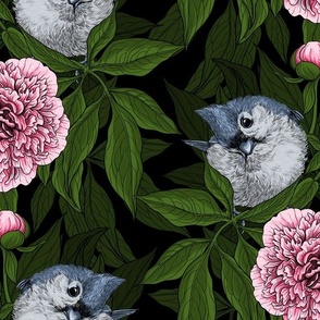 Birds and pink peony flowers with green leaves