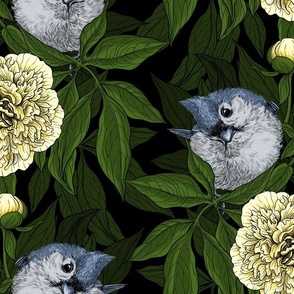Birds and yellow peony flowers with green leaves