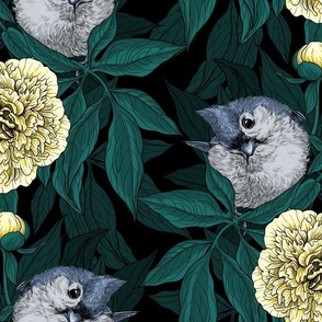 Birds and yellow peony flowers with green blue leaves