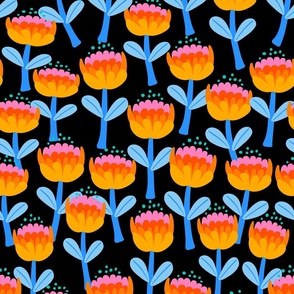 happy meadow-  cute naive abstract fantasy flowers in bright candy pastels pink orange yellow coral blue and aqua over black background
