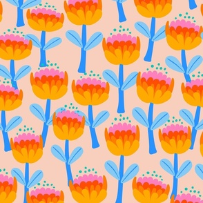 happy meadow-  cute naive abstract fantasy flowers in bright candy pastels pink orange yellow coral blue and aqua over cream beige background