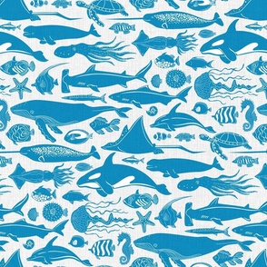 Sea life - undersea deep ocean marine animals fishes creatures swimming one direction,  featuring blue whale, orca, seahorse, dolphin, squid, octopus, shark, hammerhead, fishes, narwahl, beluga, jellyfish, turtle- in light blue and ivory off white-rustic 