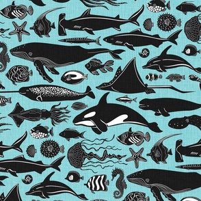 Sea life - undersea deep ocean marine animals fishes creatures swimming one direction,  featuring blue whale, orca, seahorse, dolphin, squid, octopus, shark, hammerhead, fishes, narwahl, beluga, jellyfish, turtle- in teal aqua blue and black-rustic linen 