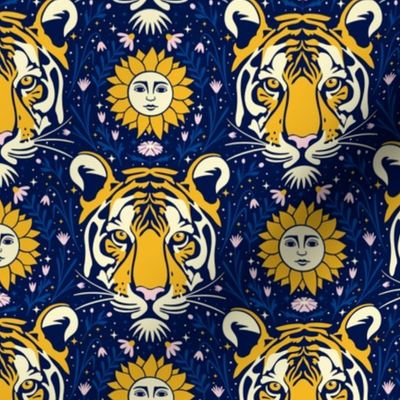 (S) Moody celestial tiger with flowers and stars for tweens, teenager and those young at heart, dark blue yellow