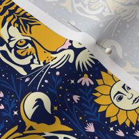 (S) Moody celestial tiger with flowers and stars for tweens, teenager and those young at heart, dark blue yellow