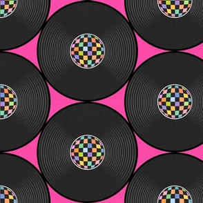 retro music-on pink- vintage vinyl records with groovy checkered rainbow center