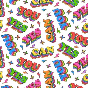 Yes you can- on white -pop art style scattered words, retro stars and lighting bolts- positive inspirational uplifting motivational saying quote, vintage typographical design 