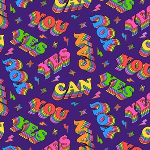 Yes you can- in purple -pop art style scattered words, retro stars and lighting bolts- positive inspirational uplifting motivational saying quote, vintage typographical design 