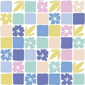 Retro flower checkers in navy, pink and lime green 