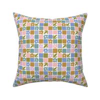 Retro flower checkers in Green, blue & pink