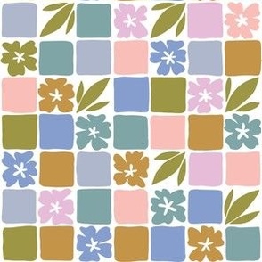 Retro flower checkers in Green, blue & pink