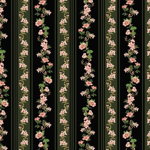 Exquisite Marie Antoinette Inspired Nostalgic Flower Tendrils And Vertical Stripes Garden: Antique Floral Garden, Springflowers, Vintage Wallpaper black and pine tree green