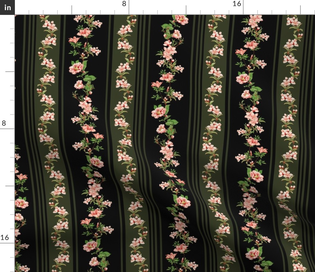 Exquisite Marie Antoinette Inspired Nostalgic Flower Tendrils And Vertical Stripes Garden: Antique Floral Garden, Springflowers, Vintage Wallpaper black and pine tree green