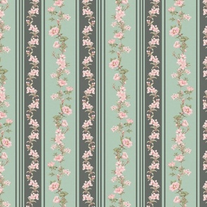 Exquisite Marie Antoinette Inspired Nostalgic Flower Tendrils And Vertical Stripes Garden: Antique Floral Garden, Springflowers, Vintage Wallpaper Sepia Turquoise and Green