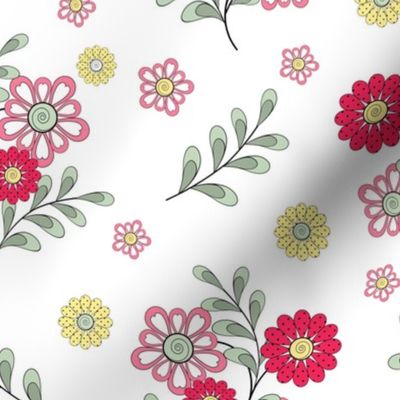 Cute retro floral pattern. yellow, red flowers with green leaves on a white background.