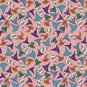 (Small) Magic Hats of Witches, Wizards, Fairies and Saint Patrick in a Retro Cartoon Style, Pink Background