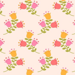 Naive tulips in warm  soft delicate pink coral lime yolk cream pastel colors, cute floral springtime design 
