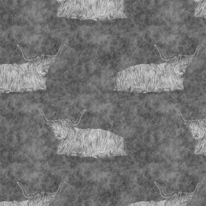 (L) Highland cows block print textured denim grey
