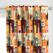 Retro Kitchen Party Wallpaper - in TEAL, pink, brown, cream, yellow and orange