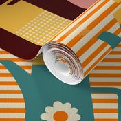 Retro Kitchen Party Wallpaper - in TEAL, pink, brown, cream, yellow and orange