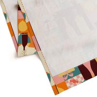 Retro Kitchen Party Wallpaper - in TEAL, pink, brown, cream, yellow and orange