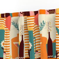 Retro Kitchen Party Wallpaper - in TEAL, pink, brown, cream, yellow and orange