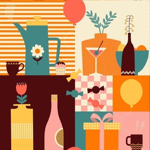 Retro Kitchen Party Wallpaper - in TEAL, pink, brown, cream, yellow and orange