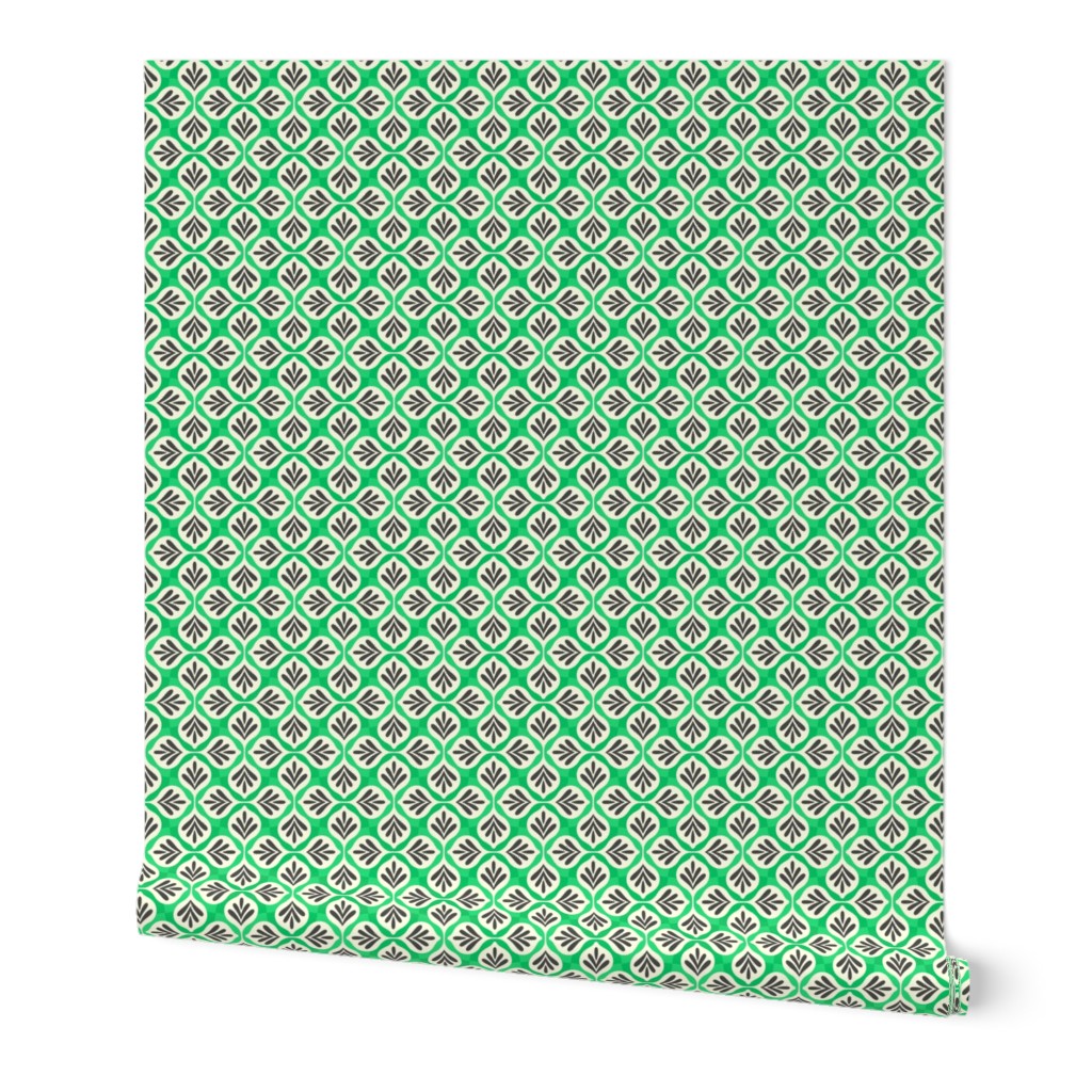 Tiny scale / Retro abstract beige and black geometric leaves on bright green checks / micro mini small Deep dark gray 60s pop art deco checkered leaf on vibrant hot fresh green / 70s fun vintage ogee shaped block prints