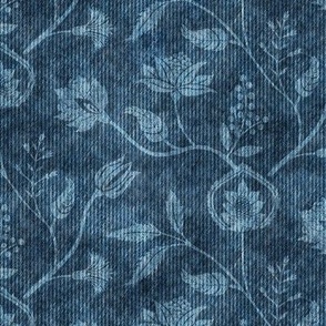 (M) Indian block printed florals rustic textured denim blue