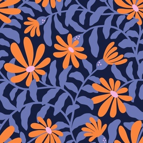 Bold groovy trailing flowers - blue and orange