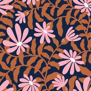Bold groovy trailing flowers – brown, navy blue and pink