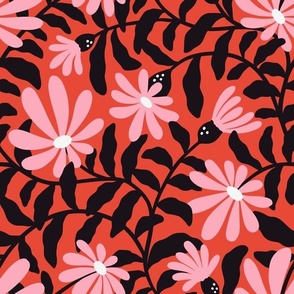 Bold groovy trailing flowers – red, black and pink