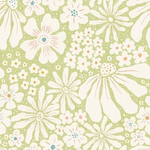 (M)-Retro Vintage Modern Spring Summer  Abstract  Daisy Wildflowers-Textured -Pale Green-White