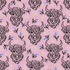 Highland Cows & Violets  Pattern in Pink
