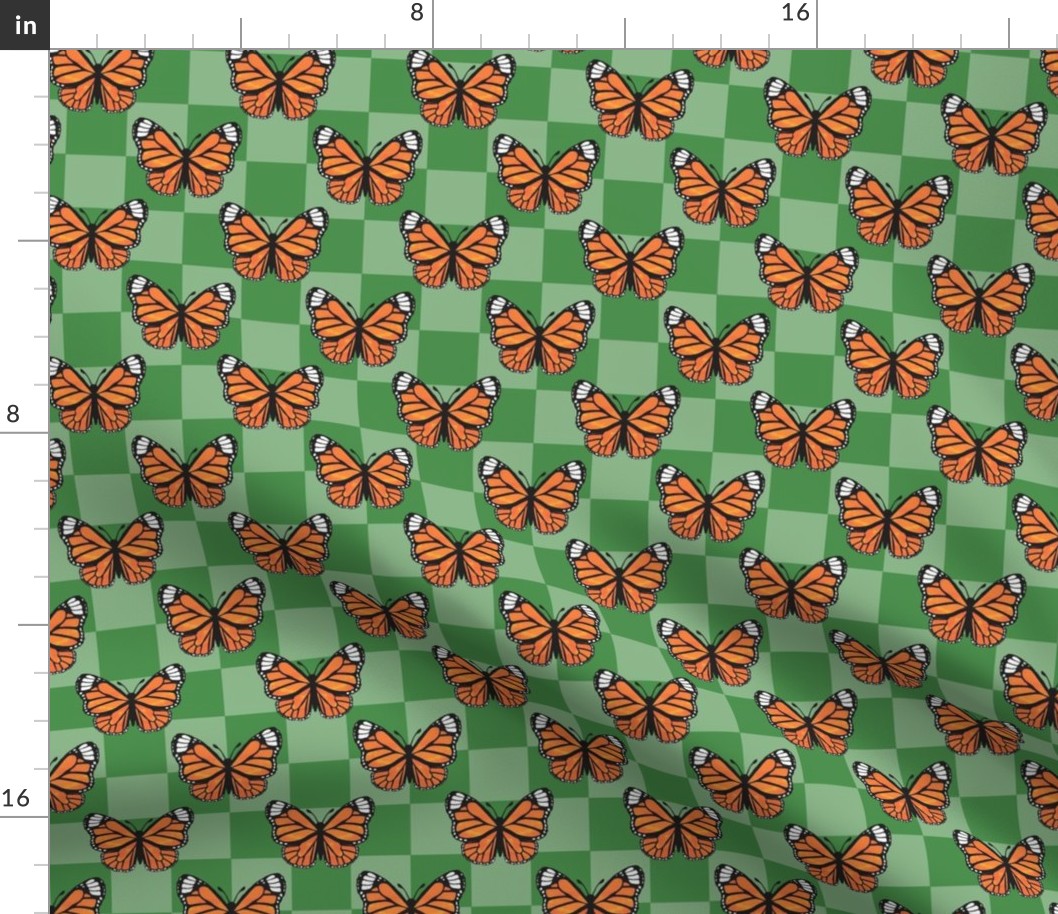 Medium Scale Monarch Butterflies Green Checkerboard