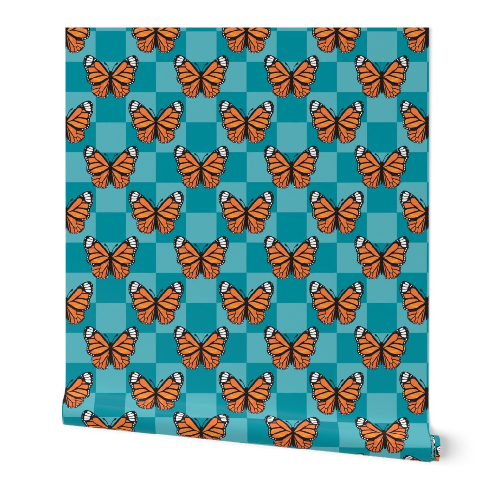 Large Scale Monarch Butterflies Aqua Blue Checkerboard