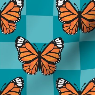 Large Scale Monarch Butterflies Aqua Blue Checkerboard