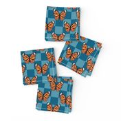 Medium Scale Monarch Butterflies Turquoise Checkerboard