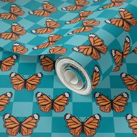 Medium Scale Monarch Butterflies Aqua Blue Checkerboard