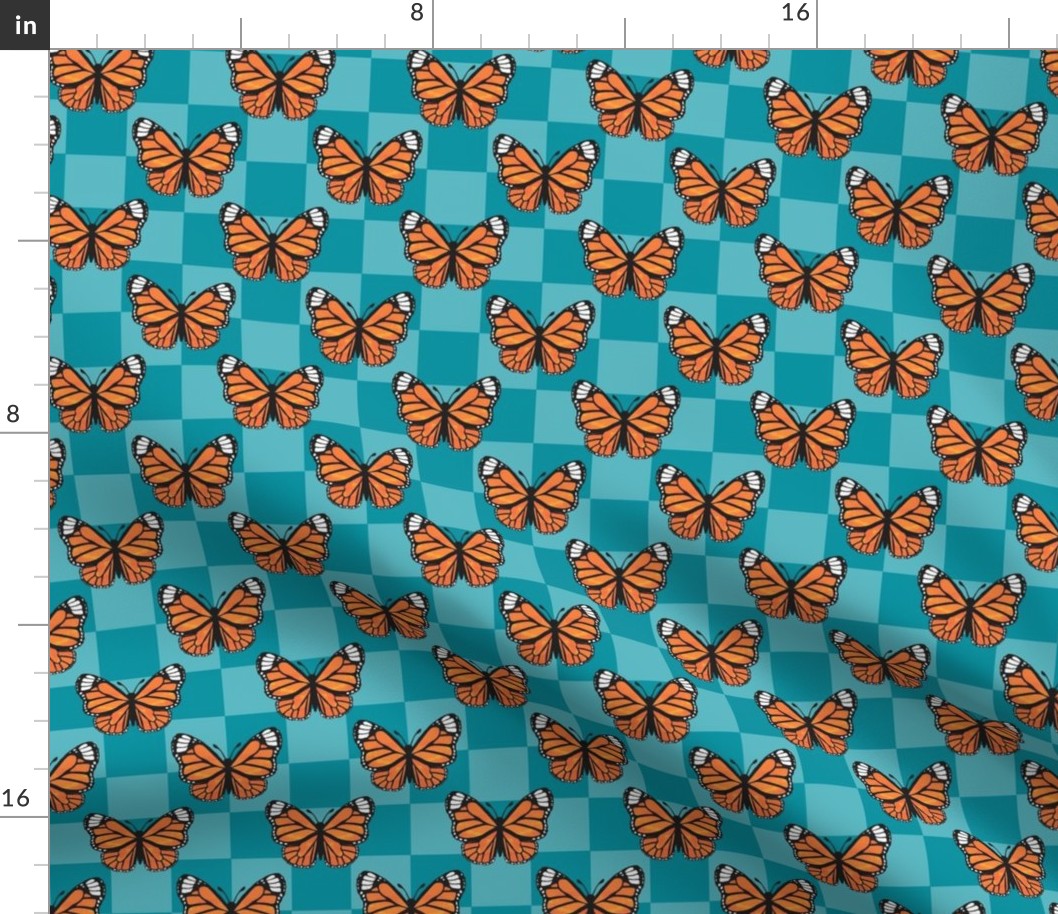 Medium Scale Monarch Butterflies Aqua Blue Checkerboard