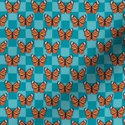 Small Scale Monarch Butterflies Aqua Blue Checkerboard