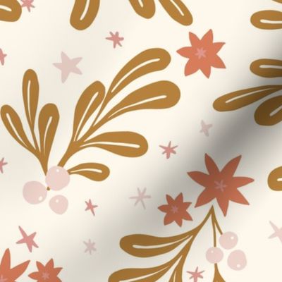 Whimsical Simple Mistletoe Scattered Stars Christmas Berries and Festive Leaves in Gold, Baby Pink, Terracotta and Cream